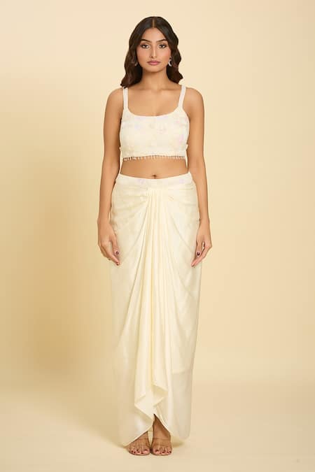 Shop Samyukta Singhania Ivory Chiffon Sequins, Beads, Tassels, Cut Embroidered Waist Draped Skirt Set Online at Aza Fashions Shop_Samyukta Singhania_Ivory Chiffon Sequins, Beads, Tassels, Cut Embroidered Waist Draped Skirt Set _Online_at_Aza_Fashions