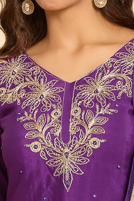 Samyukta Singhania_Purple Cotton, Chiffon Embroidery, Sequins Round Neck Dori Sharara Set _Online_at_Aza_Fashions