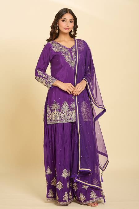 Buy_Samyukta Singhania_Purple Cotton, Chiffon Embroidery, Sequins Round Neck Dori Sharara Set _Online_at_Aza_Fashions