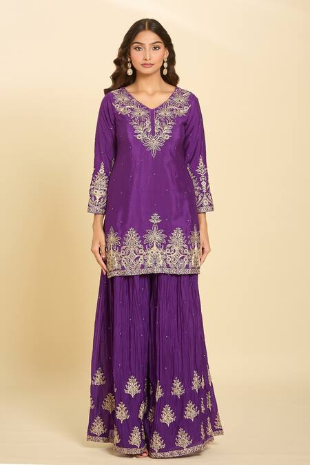 Shop_Samyukta Singhania_Purple Cotton, Chiffon Embroidery, Sequins Round Neck Dori Sharara Set _Online_at_Aza_Fashions