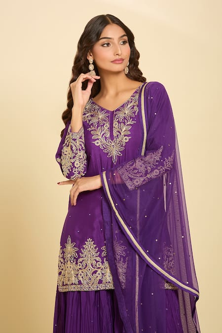 Samyukta Singhania_Purple Cotton, Chiffon Embroidery, Sequins Round Neck Dori Sharara Set _at_Aza_Fashions