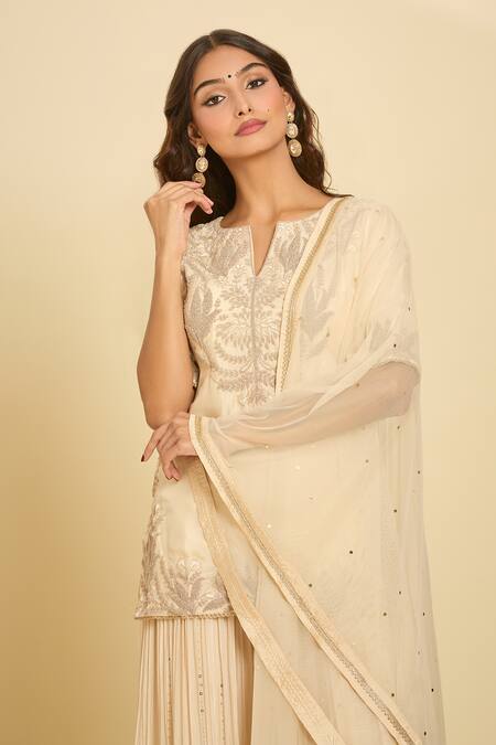 Shop_Samyukta Singhania_Ivory Chiffon, Georgette Embroidery, Sequins Floral Dori Kurta Sharara Set_Online_at_Aza_Fashions