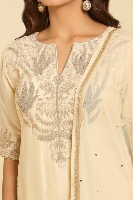 Samyukta Singhania_Ivory Chiffon, Georgette Embroidery, Sequins Floral Dori Kurta Sharara Set_at_Aza_Fashions