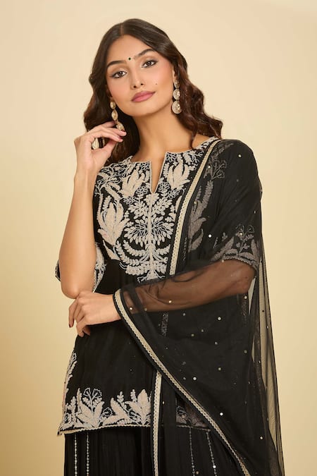 Samyukta Singhania_Blue Cotton, Georgette, Chiffon Sequins Floral Embroidered Kurta Sharara Set _Online_at_Aza_Fashions