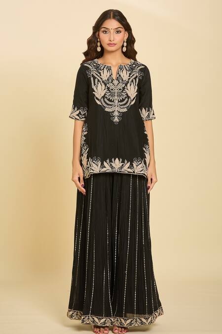Buy_Samyukta Singhania_Blue Cotton, Georgette, Chiffon Sequins Floral Embroidered Kurta Sharara Set _Online_at_Aza_Fashions