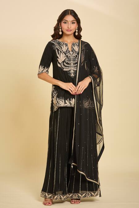 Shop_Samyukta Singhania_Blue Cotton, Georgette, Chiffon Sequins Floral Embroidered Kurta Sharara Set _Online_at_Aza_Fashions