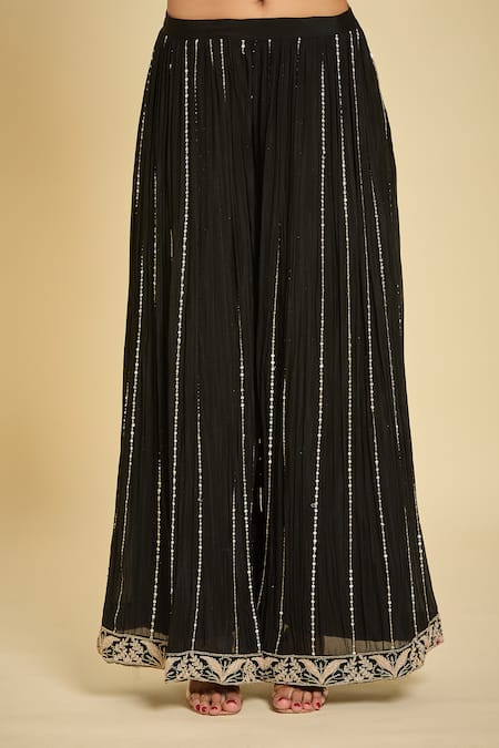 Buy_Samyukta Singhania_Blue Cotton, Georgette, Chiffon Sequins Floral Embroidered Kurta Sharara Set 