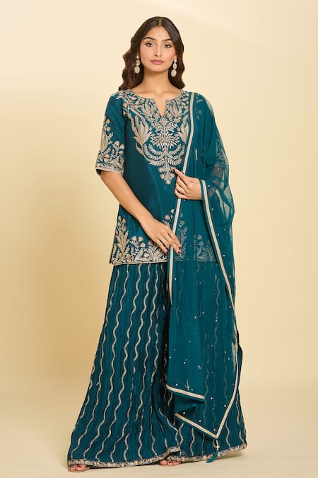 Buy_Samyukta Singhania_Blue Cotton, Chiffon Embroidery, Sequins Split Floral Kurta Set With Dupatta _Online_at_Aza_Fashions