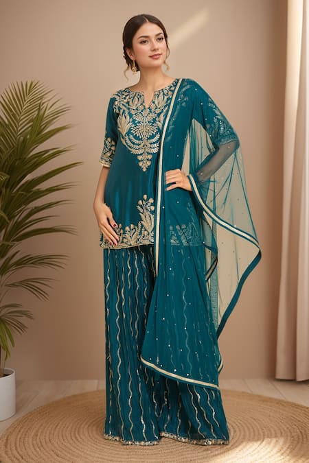Samyukta Singhania Blue Cotton, Chiffon Embroidery, Sequins Split Floral Kurta Set With Dupatta