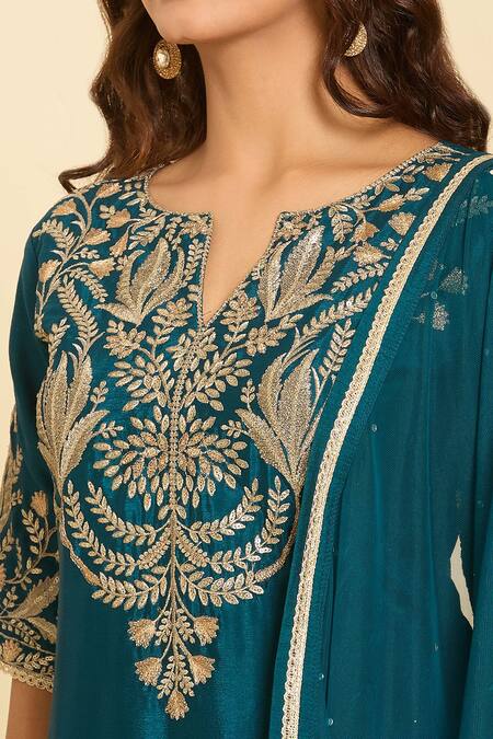 Shop_Samyukta Singhania_Blue Cotton, Chiffon Embroidery, Sequins Split Floral Kurta Set With Dupatta _Online_at_Aza_Fashions