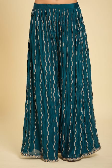 Buy_Samyukta Singhania_Blue Cotton, Chiffon Embroidery, Sequins Split Floral Kurta Set With Dupatta 