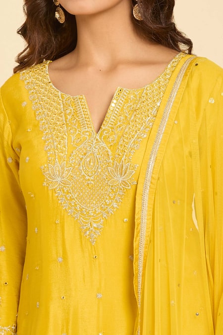 Samyukta Singhania_Yellow Cotton Embroidery Split V-neck Kurta Gharara Set_Online_at_Aza_Fashions