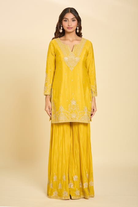 Buy_Samyukta Singhania_Yellow Cotton Embroidery Split V-neck Kurta Gharara Set_Online_at_Aza_Fashions