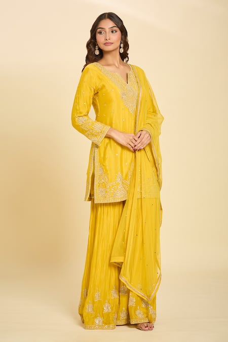 Shop_Samyukta Singhania_Yellow Cotton Embroidery Split V-neck Kurta Gharara Set_Online_at_Aza_Fashions