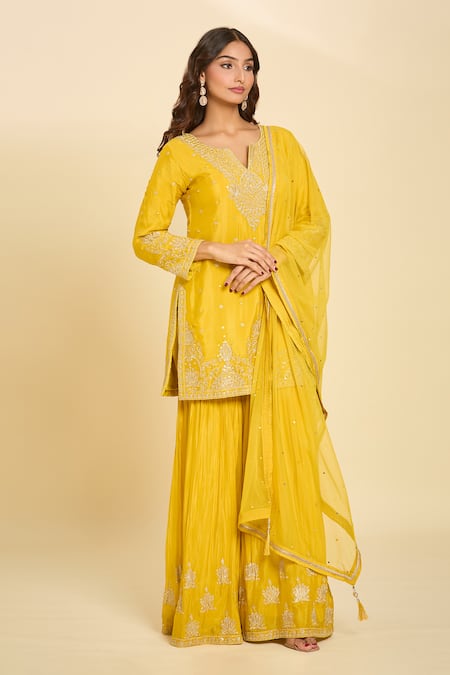 Samyukta Singhania_Yellow Cotton Embroidery Split V-neck Kurta Gharara Set_at_Aza_Fashions