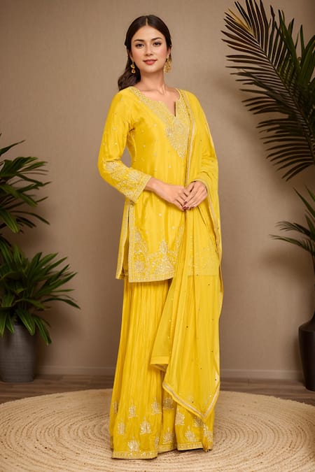 Samyukta Singhania Embroidered Yellow Kurta Gharara Set 