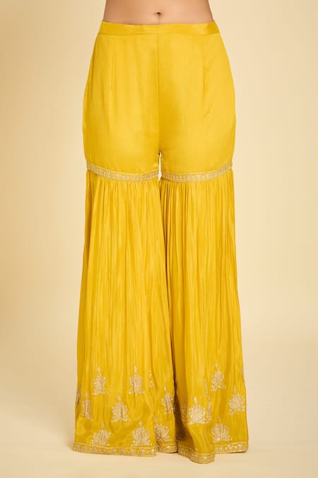 Buy_Samyukta Singhania_Yellow Cotton Embroidery Split V-neck Kurta Gharara Set