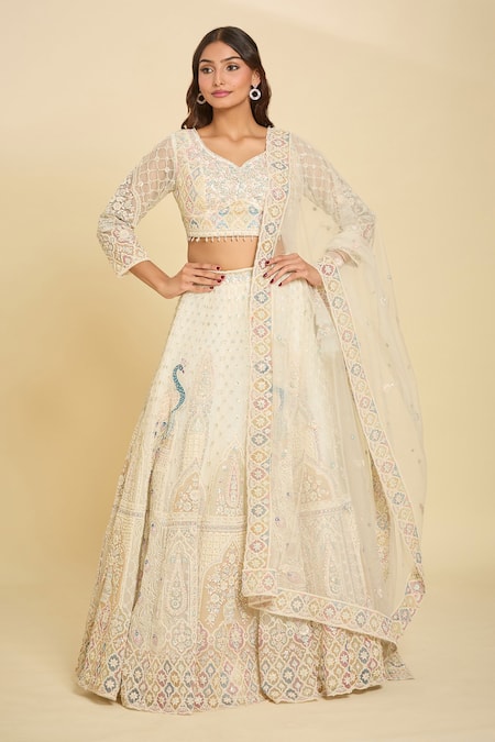 Azeera_Ivory Chiffon Sequins, Beads Asymmetric Peacock Motif Embroidered Lehenga Set_Online_at_Aza_Fashions