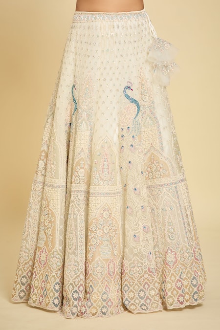 Buy_Azeera_Ivory Chiffon Sequins, Beads Asymmetric Peacock Motif Embroidered Lehenga Set_Online_at_Aza_Fashions