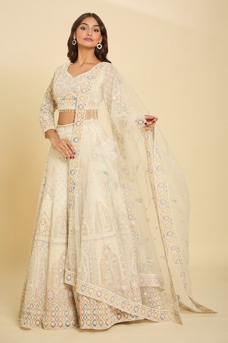 Azeera_Ivory Chiffon Sequins, Beads Asymmetric Peacock Motif Embroidered Lehenga Set_at_Aza_Fashions