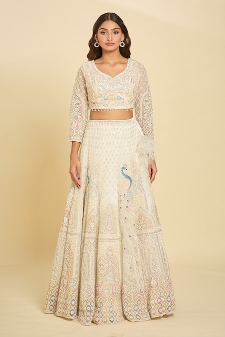 Buy_Azeera_Ivory Chiffon Sequins, Beads Asymmetric Peacock Motif Embroidered Lehenga Set