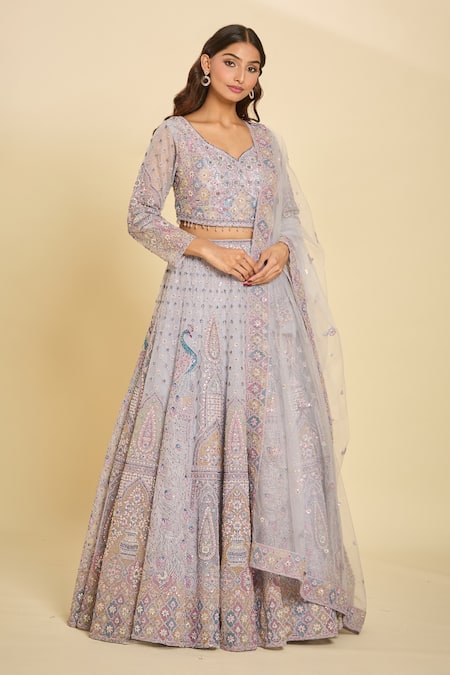 Shop_Azeera_Purple Chiffon, Silk, Net Sequins, Beads Lavender Embroidered Lehenga Set_Online_at_Aza_Fashions
