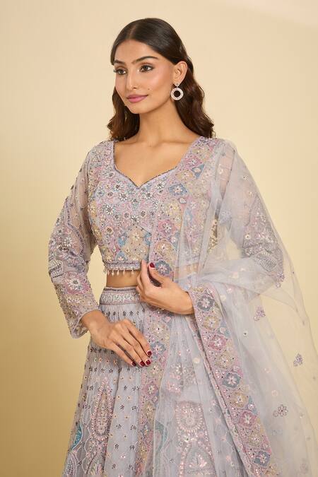 Buy_Azeera_Purple Chiffon, Silk, Net Sequins, Beads Lavender Embroidered Lehenga Set