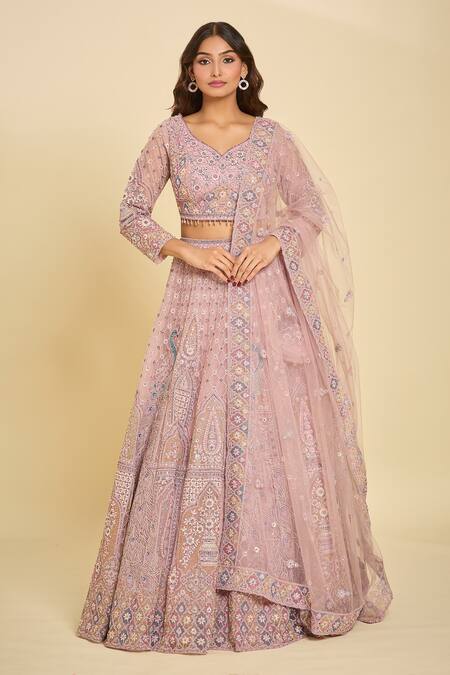 Shop Azeera Pink Dori, Floral, Sequin, Peacock, Bead, Ethnic Motif Embroidered Lehenga Set at Aza Fashions Shop_Azeera_Pink Dori, Floral, Sequin, Peacock, Bead, Ethnic Motif Embroidered Lehenga Set_at_Aza_Fashions