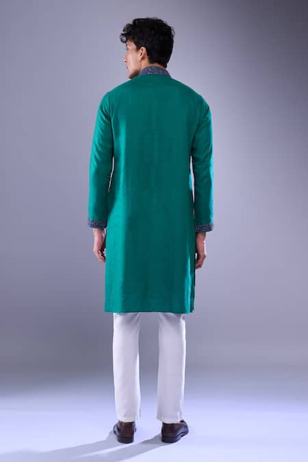 Shop_Aariyana Couture_Green Cotton Embroidery Placket Straight Kurta _at_Aza_Fashions