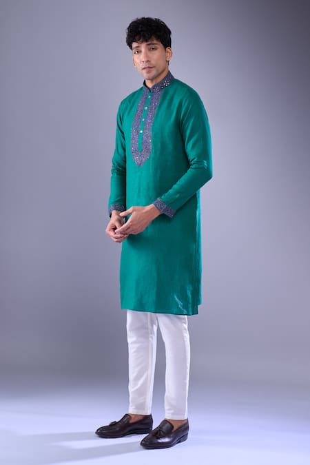 Aariyana Couture_Green Cotton Embroidery Placket Straight Kurta _Online_at_Aza_Fashions