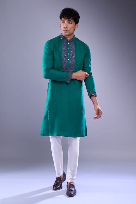 Buy_Aariyana Couture_Green Cotton Embroidery Placket Straight Kurta _Online_at_Aza_Fashions