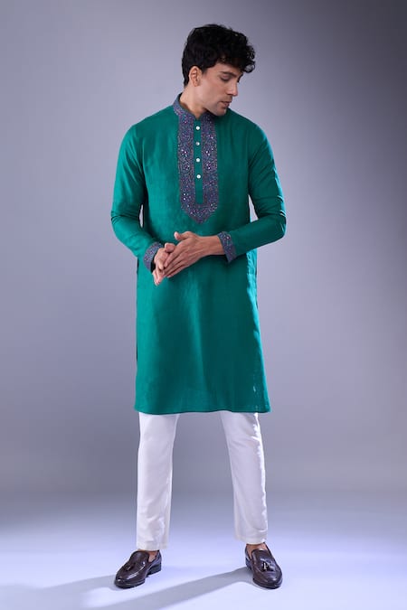 Shop_Aariyana Couture_Green Cotton Embroidery Placket Straight Kurta _Online_at_Aza_Fashions