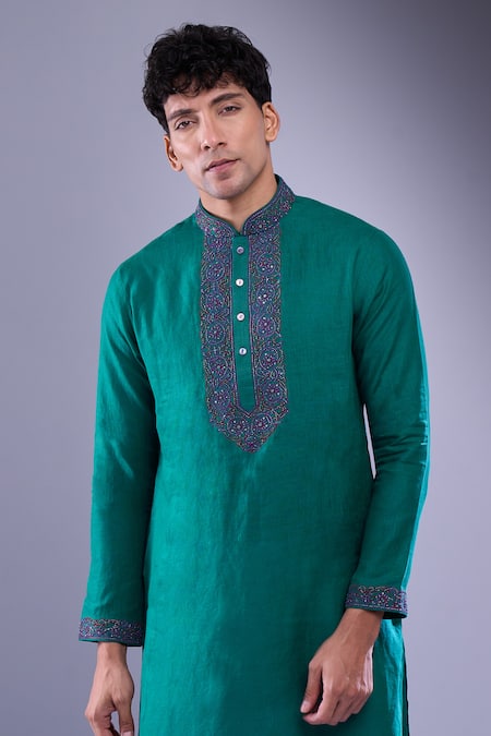 Buy_Aariyana Couture_Green Cotton Embroidery Placket Straight Kurta 