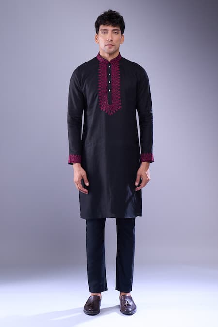 Aariyana Couture_Black Embroidery Ethnic Placket Kurta _Online_at_Aza_Fashions
