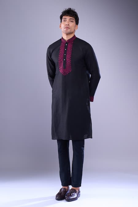 Shop_Aariyana Couture_Black Embroidery Ethnic Placket Kurta _Online_at_Aza_Fashions