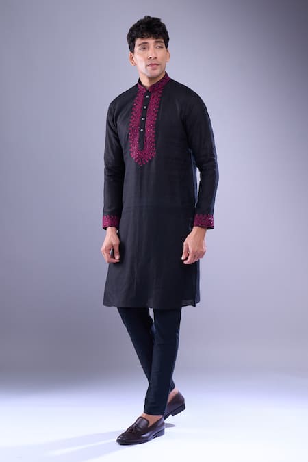 Aariyana Couture_Black Embroidery Ethnic Placket Kurta _at_Aza_Fashions