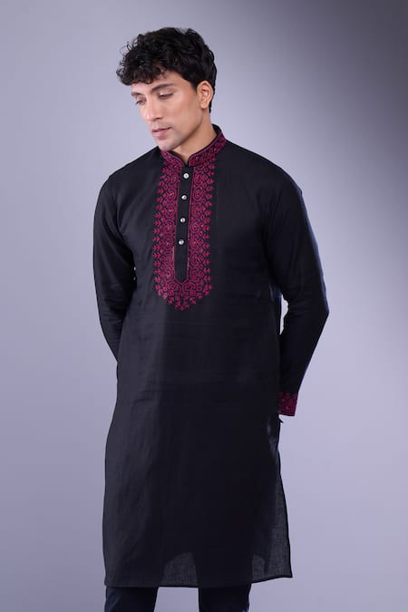 Shop_Aariyana Couture_Black Embroidery Ethnic Placket Kurta 