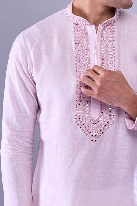 Aariyana Couture_Pink Cotton Embroidery Mirror Placket Kurta _Online_at_Aza_Fashions
