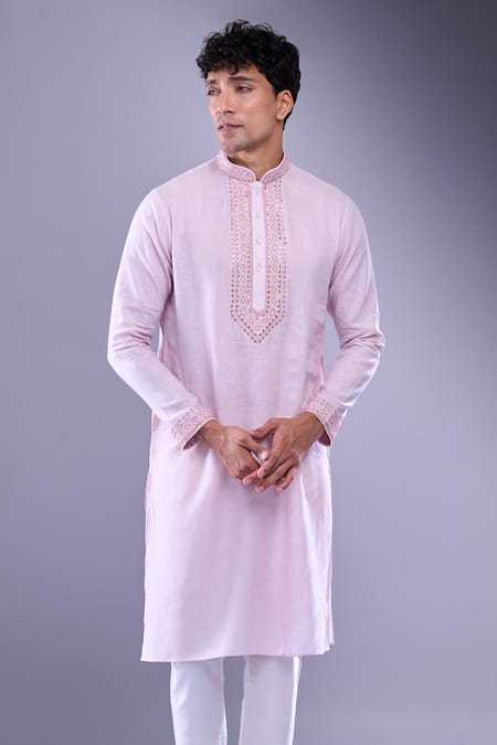 Buy_Aariyana Couture_Pink Cotton Embroidery Mirror Placket Kurta _Online_at_Aza_Fashions