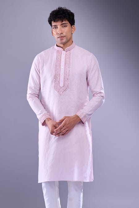Shop_Aariyana Couture_Pink Cotton Embroidery Mirror Placket Kurta _Online_at_Aza_Fashions