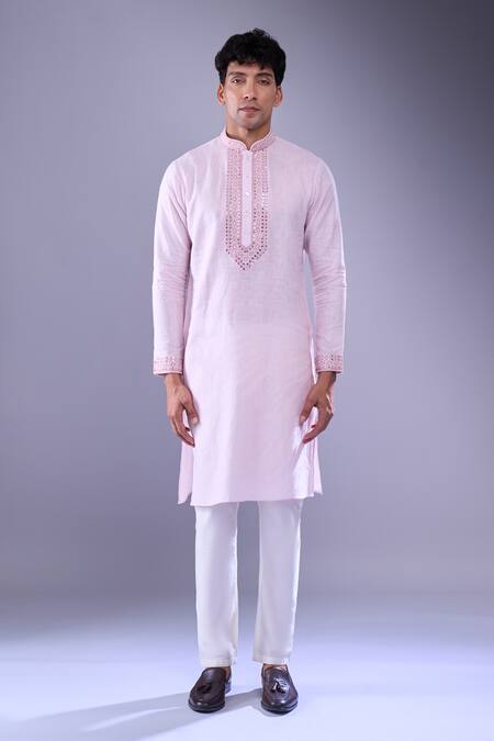 Aariyana Couture_Pink Cotton Embroidery Mirror Placket Kurta _at_Aza_Fashions