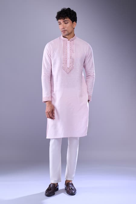 Shop_Aariyana Couture_Pink Cotton Embroidery Mirror Placket Kurta 