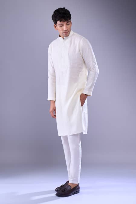 Shop_Aariyana Couture_Ivory Embroidery Thread Work Placket Kurta _Online_at_Aza_Fashions