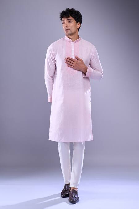 Aariyana Couture_Pink Cotton Embroidery Thread Work Placket Straight Kurta _Online_at_Aza_Fashions