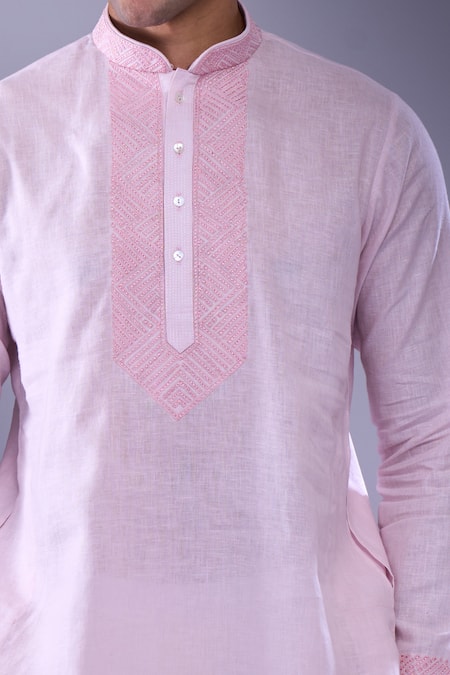 Buy_Aariyana Couture_Pink Cotton Embroidery Thread Work Placket Straight Kurta _Online_at_Aza_Fashions