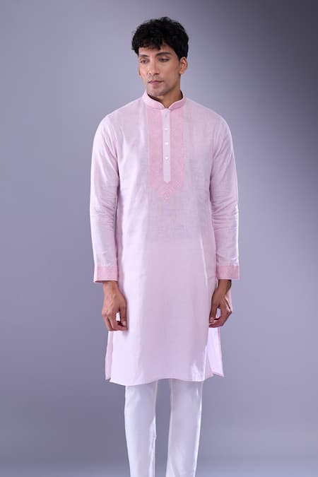 Shop_Aariyana Couture_Pink Cotton Embroidery Thread Work Placket Straight Kurta _Online_at_Aza_Fashions