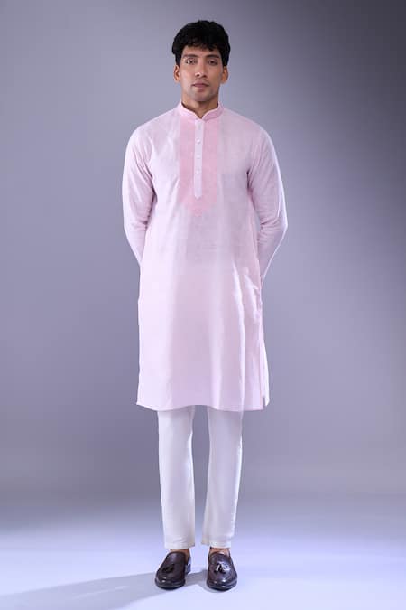 Aariyana Couture_Pink Cotton Embroidery Thread Work Placket Straight Kurta _at_Aza_Fashions