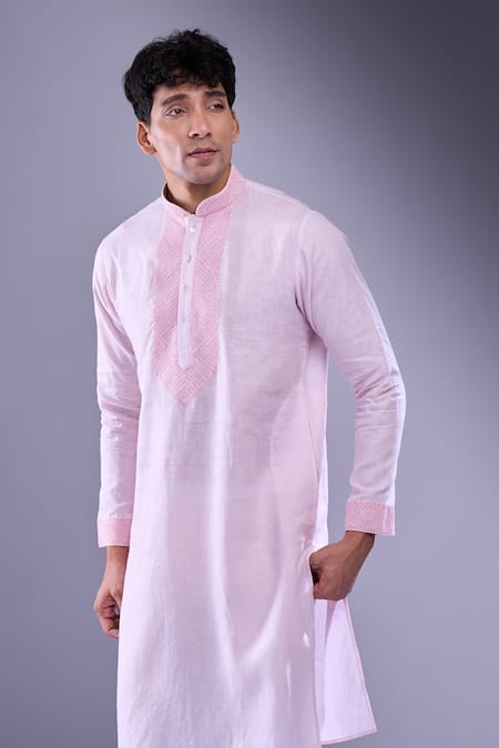 Buy_Aariyana Couture_Pink Cotton Embroidery Thread Work Placket Straight Kurta 
