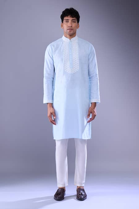 Aariyana Couture Blue Cotton Embroidery Geometric Placket Kurta Online at Aza Fashions Aariyana Couture_Blue Cotton Embroidery Geometric Placket Kurta _Online_at_Aza_Fashions