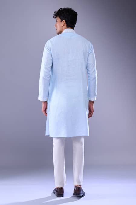 Shop Aariyana Couture Blue Cotton Embroidery Geometric Placket Kurta at Aza Fashions Shop_Aariyana Couture_Blue Cotton Embroidery Geometric Placket Kurta _at_Aza_Fashions